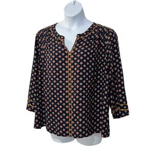 J. JILL WOMENS TOP PLUS SIZE 2X V-NECK POPOVER GEO PRINTED BOHO BLOUSE NAVY